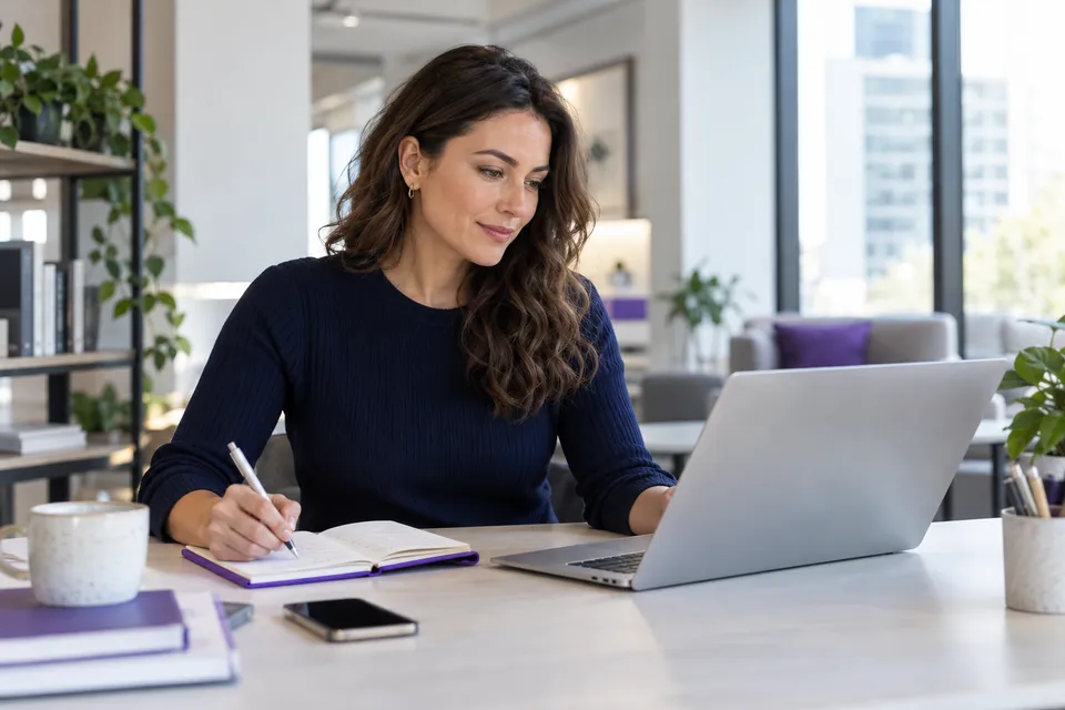 A communications professional reviewing announcement notes at a laptop